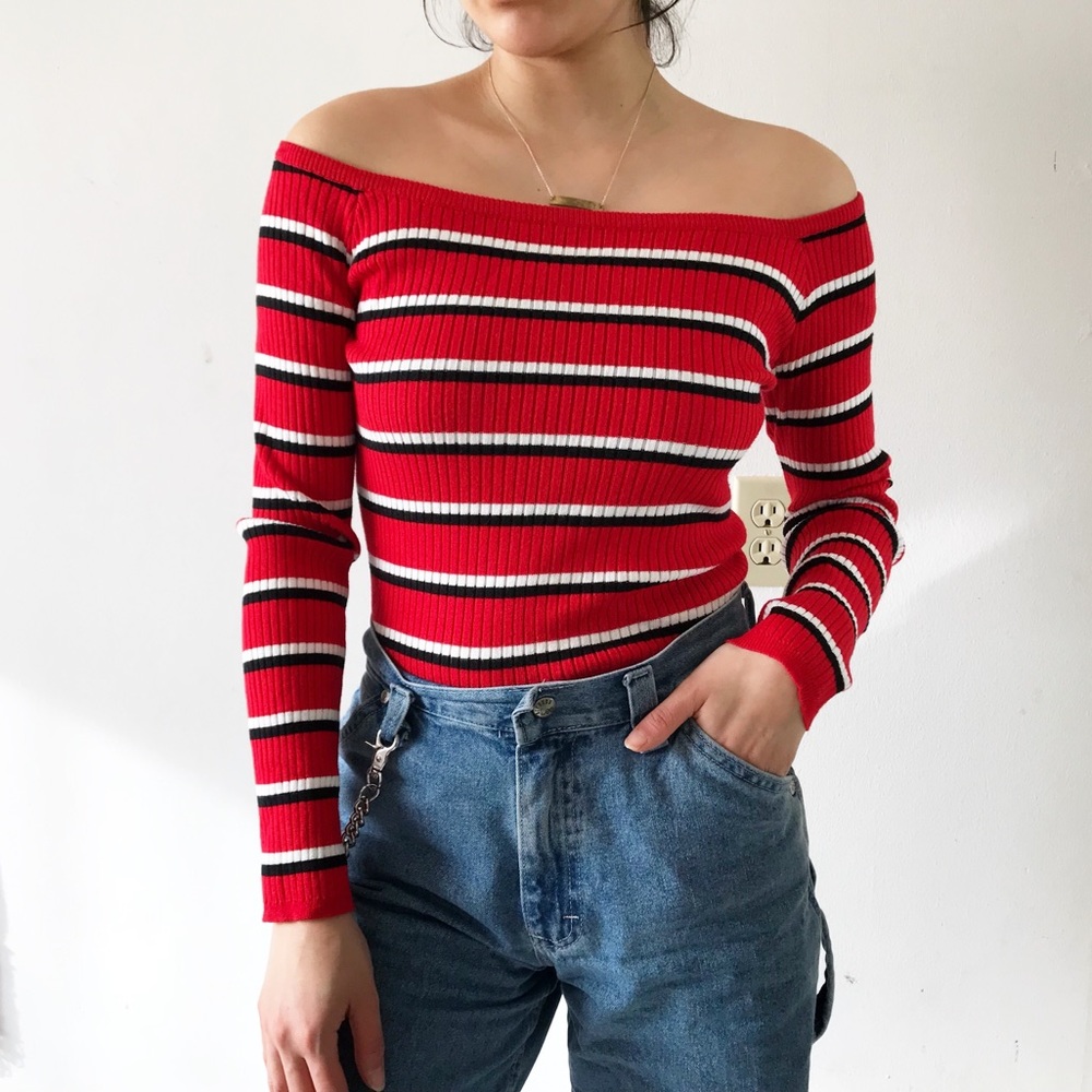 KENDALL+KYLIE red stripped off shoulder crop top